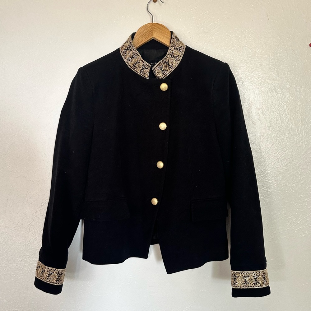 Zara High Collar, Button Up, Black Blazer with Gold Detail